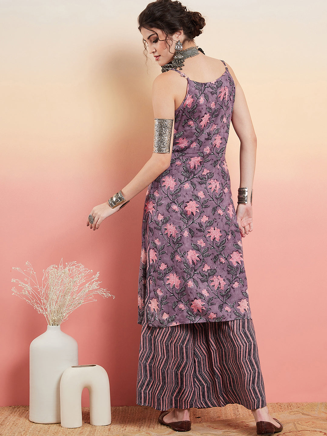 InWeave Women's Mauve Bagh Print Spaghetti Kurta Zig Zag Palazzo Set - Distacart