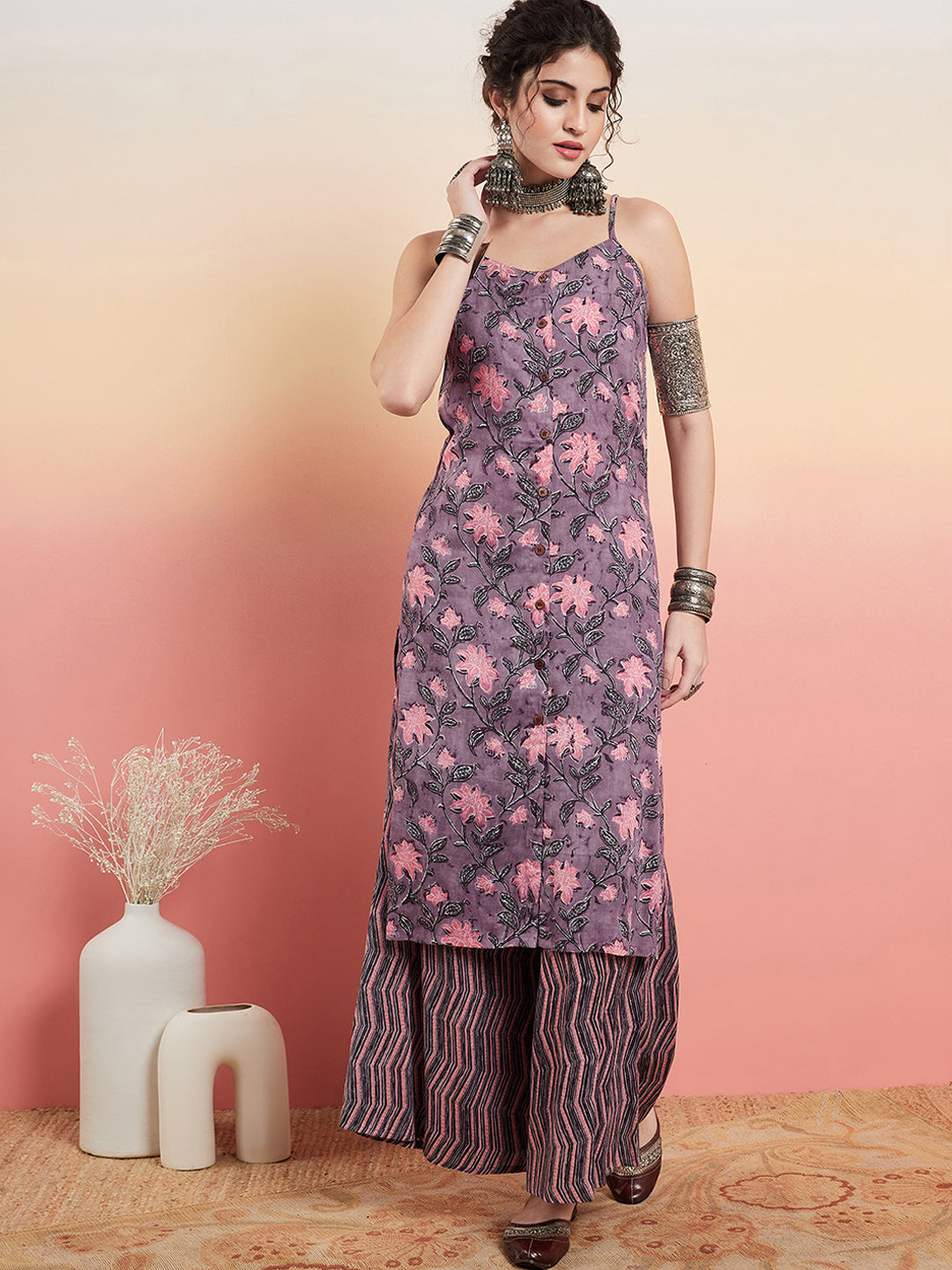 InWeave Women's Mauve Bagh Print Spaghetti Kurta Zig Zag Palazzo Set - Distacart