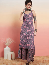 Thumbnail for InWeave Women's Mauve Bagh Print Spaghetti Kurta Zig Zag Palazzo Set - Distacart