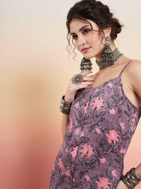 Thumbnail for InWeave Women's Mauve Bagh Print Spaghetti Kurta Zig Zag Palazzo Set - Distacart