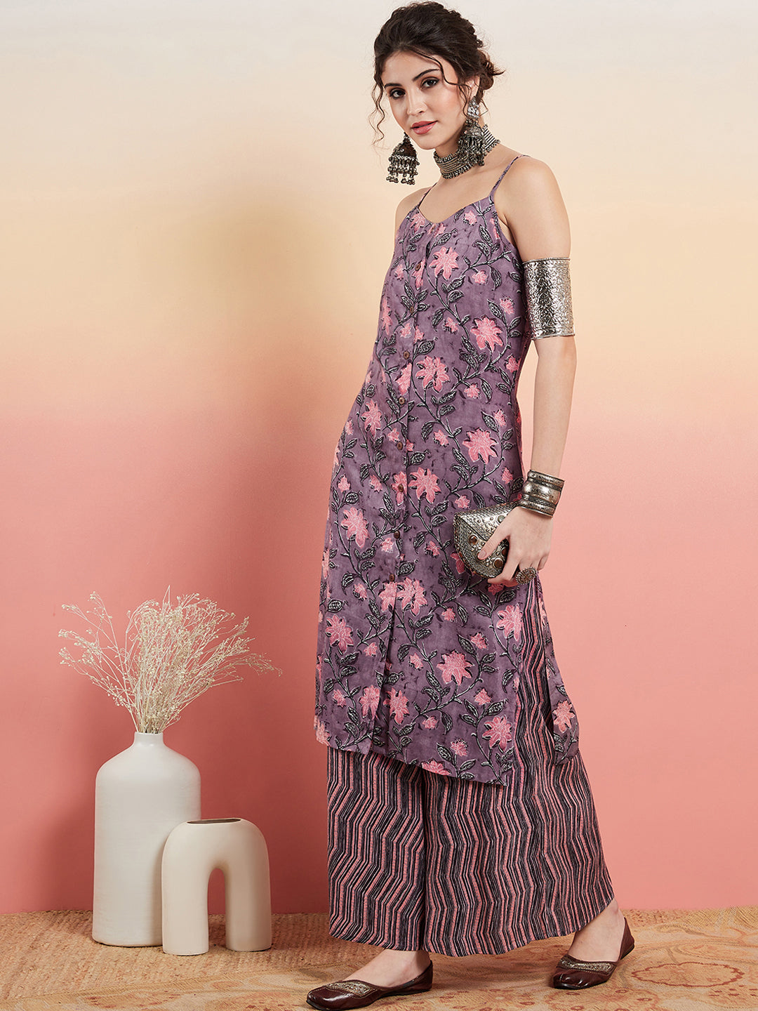 InWeave Women's Mauve Bagh Print Spaghetti Kurta Zig Zag Palazzo Set - Distacart