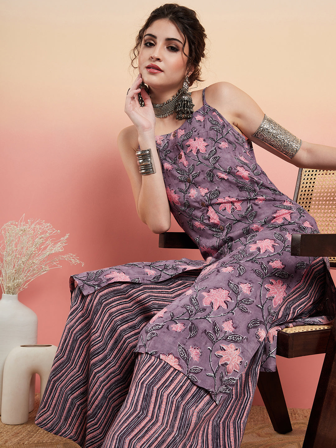 InWeave Women's Mauve Bagh Print Spaghetti Kurta Zig Zag Palazzo Set - Distacart