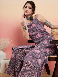 Thumbnail for InWeave Women's Mauve Bagh Print Spaghetti Kurta Zig Zag Palazzo Set - Distacart