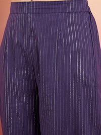 Thumbnail for InWeave Women's Purple Lurex Strapp Straight Kurta Set W Organza Dupatta - Distacart