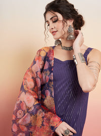 Thumbnail for InWeave Women's Purple Lurex Strapp Straight Kurta Set W Organza Dupatta - Distacart