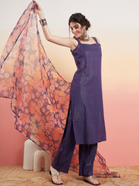 Thumbnail for InWeave Women's Purple Lurex Strapp Straight Kurta Set W Organza Dupatta - Distacart