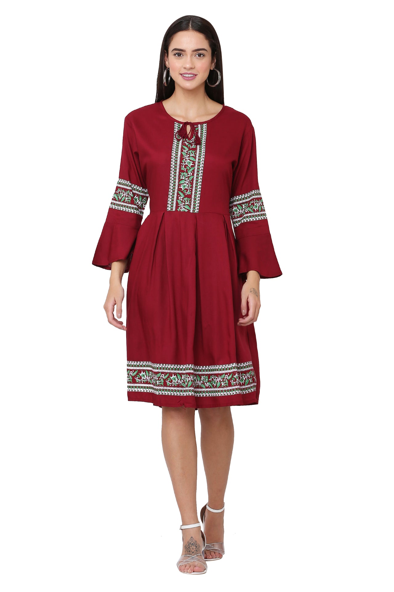 PAVONINE Maroon Color Rayon Fabric Printed Short Midi For Girls - Distacart