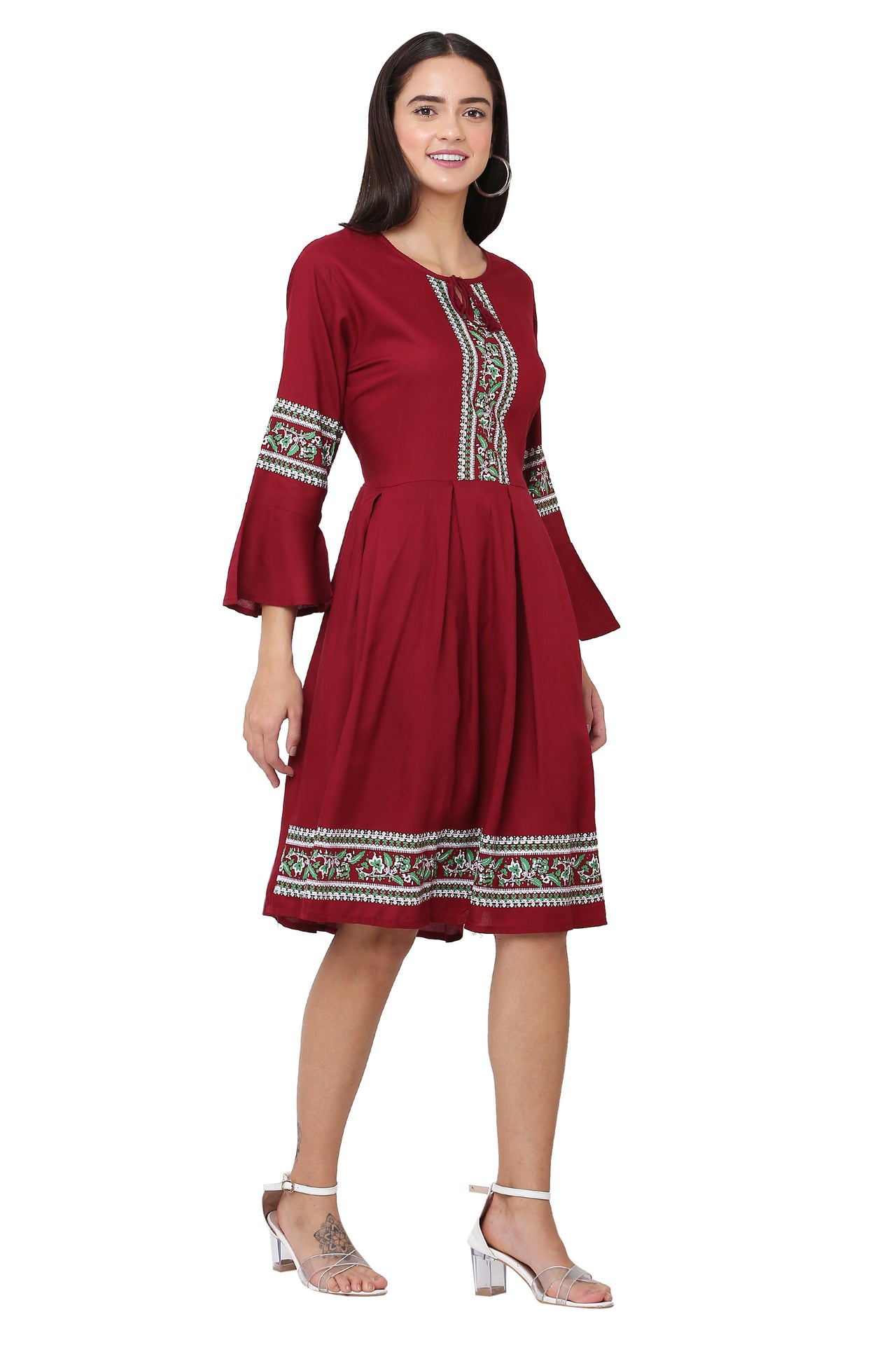 PAVONINE Maroon Color Rayon Fabric Printed Short Midi For Girls - Distacart