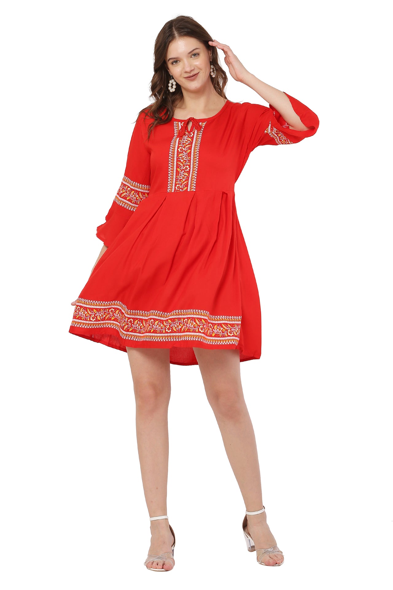 PAVONINE Red Color Rayon Fabric Printed Short Midi For Girls - Distacart