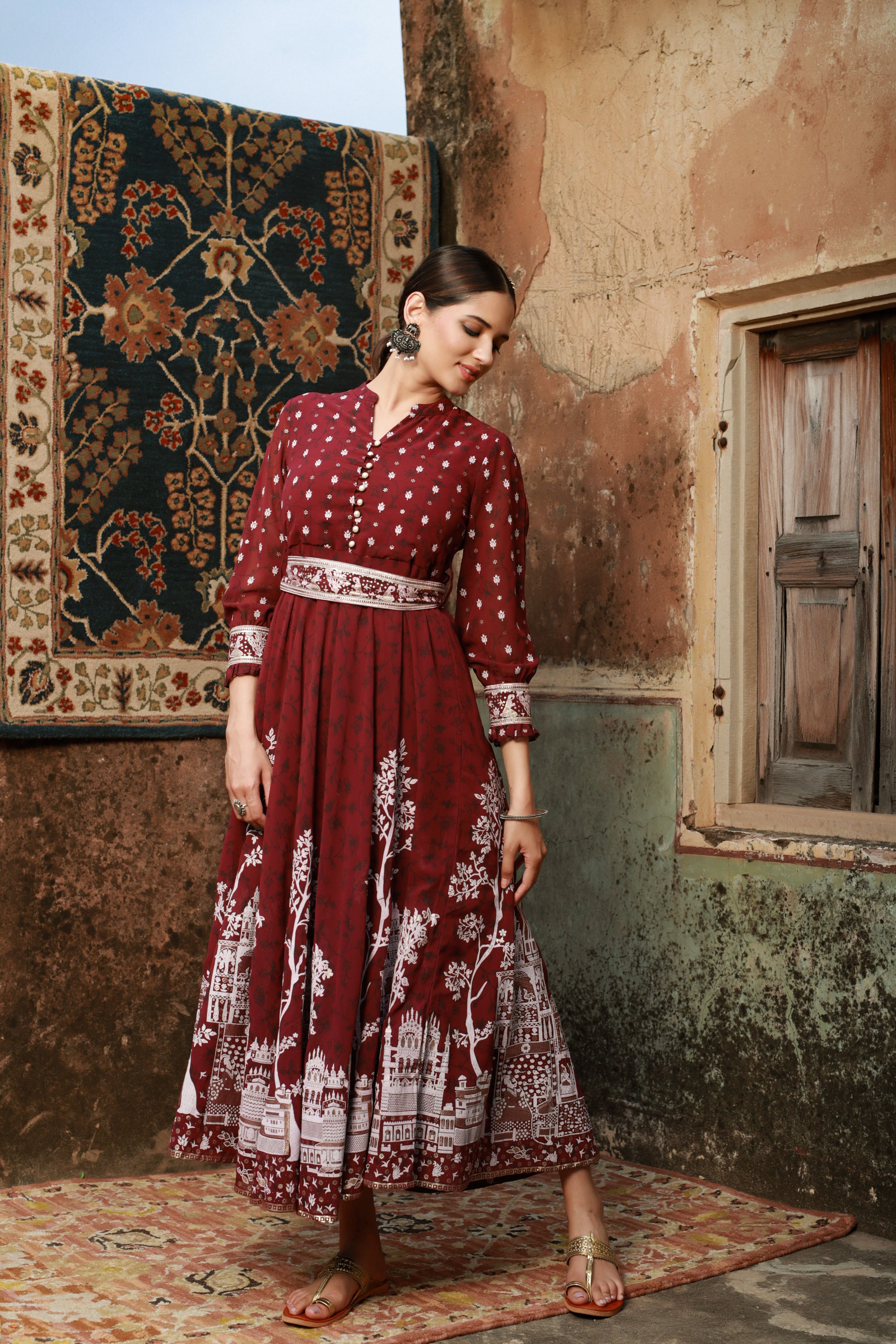 Juniper Women Wine Georgette Printed Flared Dress - Distacart