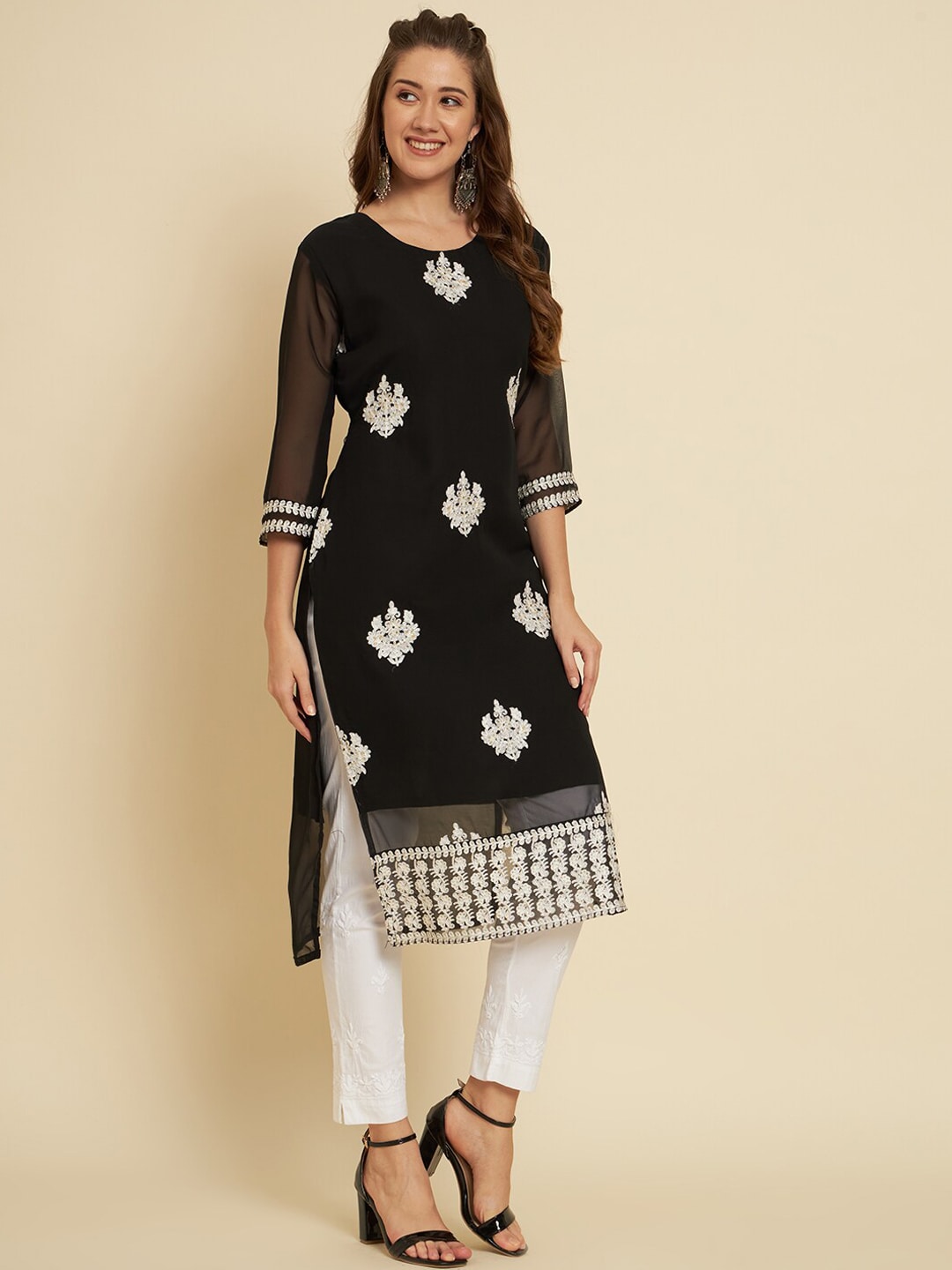 HERE&NOW Black & White Ethnic Motifs Chikankari Embroidered Georgette Kurta - Distacart