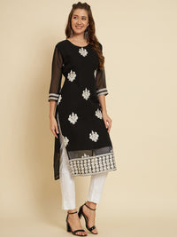 Thumbnail for HERE&NOW Black & White Ethnic Motifs Chikankari Embroidered Georgette Kurta - Distacart