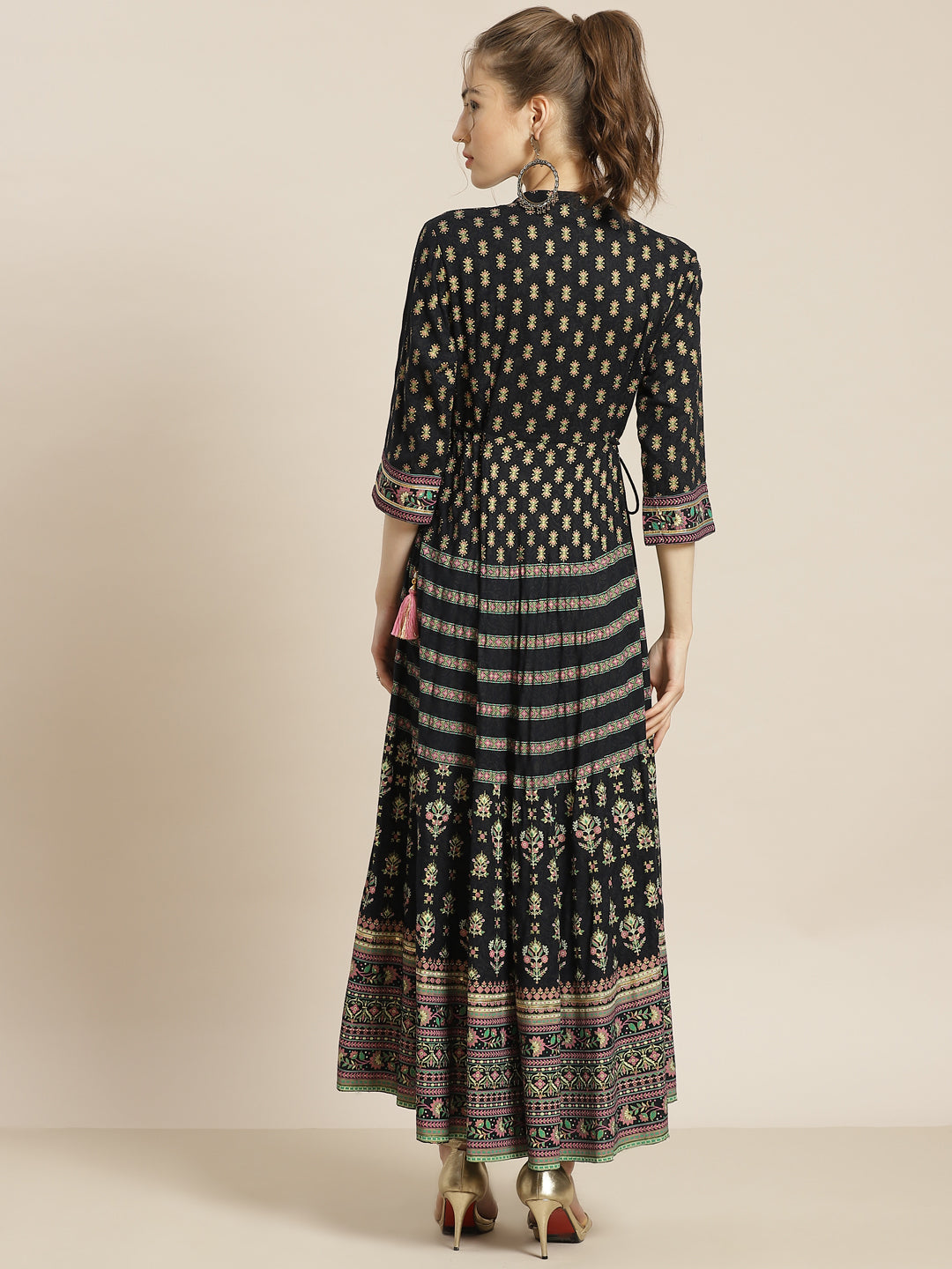 Juniper Womens Dark Blue Foil Printed Circular Maxi Dress With Yoke Embroidery - Distacart