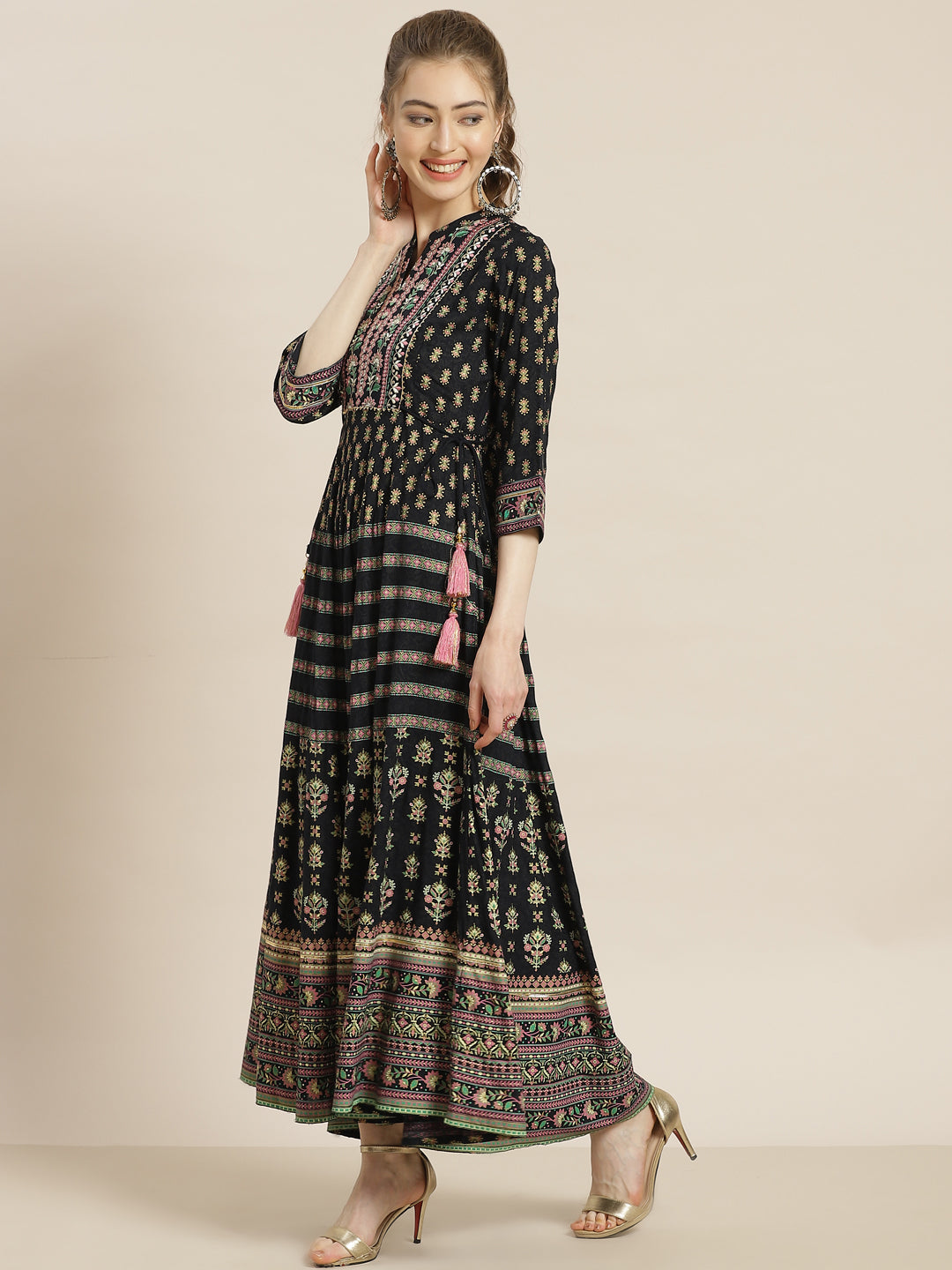 Juniper Womens Dark Blue Foil Printed Circular Maxi Dress With Yoke Embroidery - Distacart