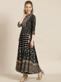 Thumbnail for Juniper Womens Dark Blue Foil Printed Circular Maxi Dress With Yoke Embroidery - Distacart