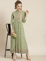 Thumbnail for Juniper Womens Pistagreen Rayon Foil Printed Maxi Dress With Puff Sleeves And Button Closure - Distacart