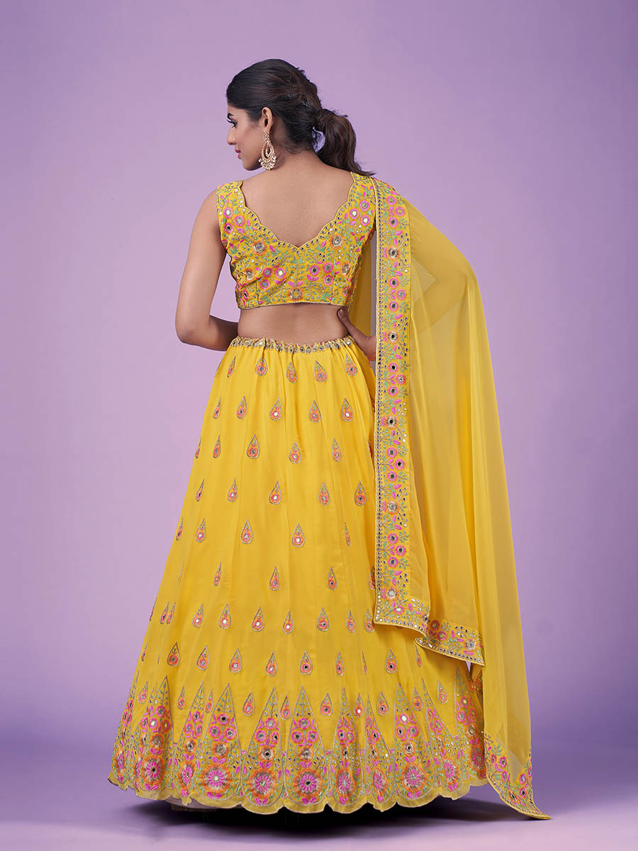 Myra Yellow Georgette Embroidered Designer Lehenga - Distacart