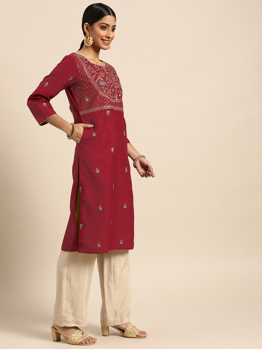 Sangria Women Red Yoke Design Sequined Kurta - Distacart