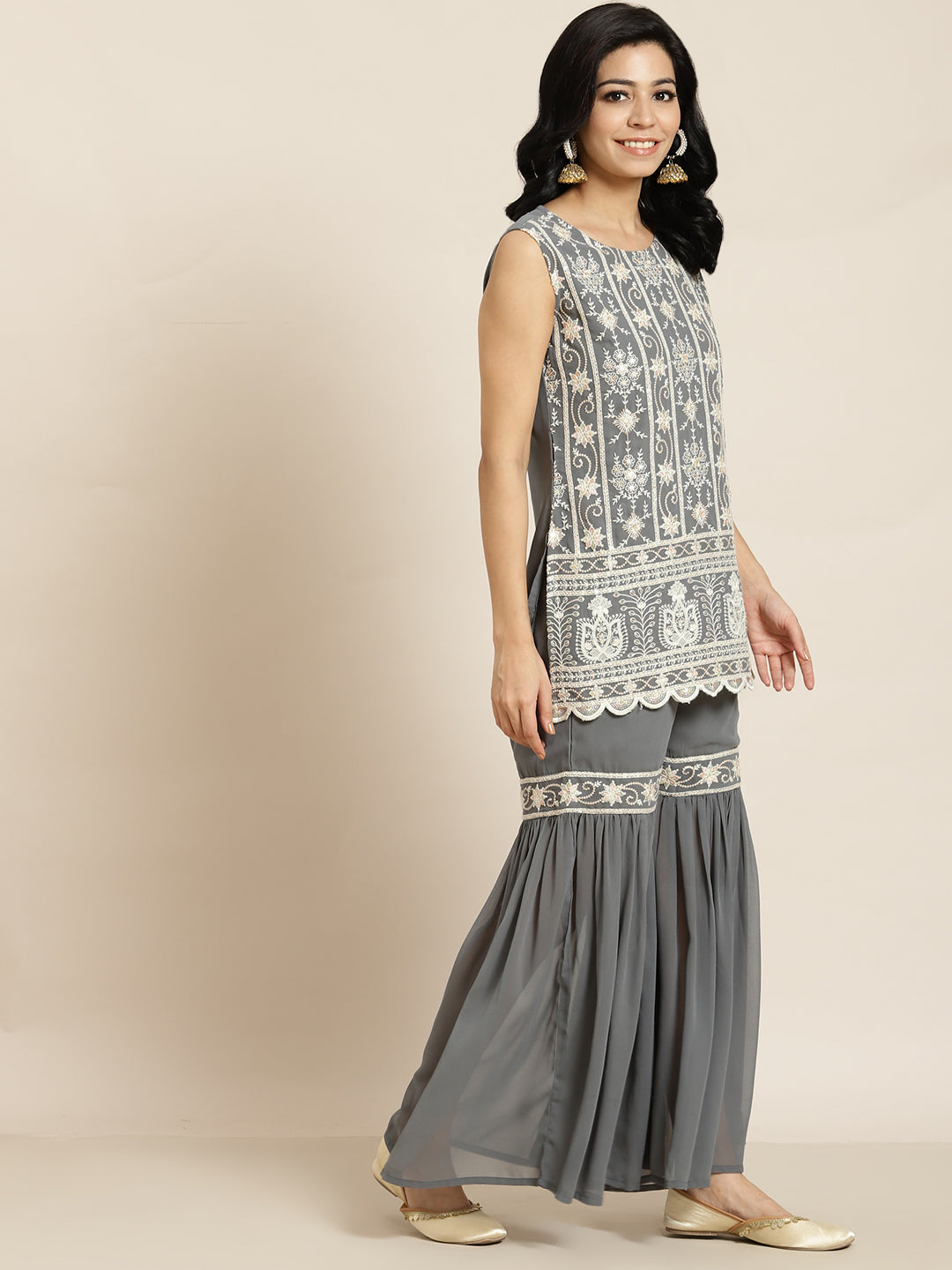 Juniper Womens Grey Georgette Embroidered Kurta With Santoon Lining, Solid Embroidered Garara & Shiffon Solid Dupatta Set - Distacart