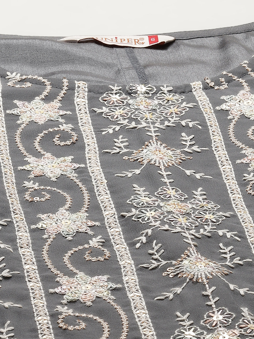 Juniper Womens Grey Georgette Embroidered Kurta With Santoon Lining, Solid Embroidered Garara & Shiffon Solid Dupatta Set - Distacart