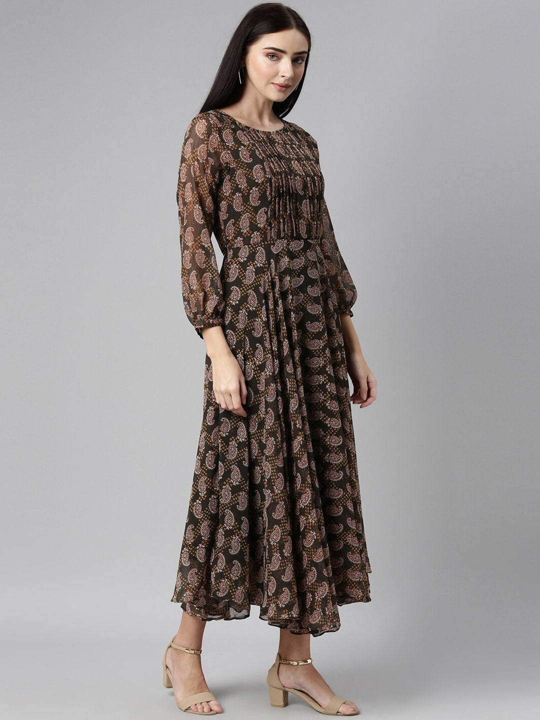 Souchii Olive Green & Red Ethnic Motifs Printed Chiffon A-Line Maxi Dress - Distacart