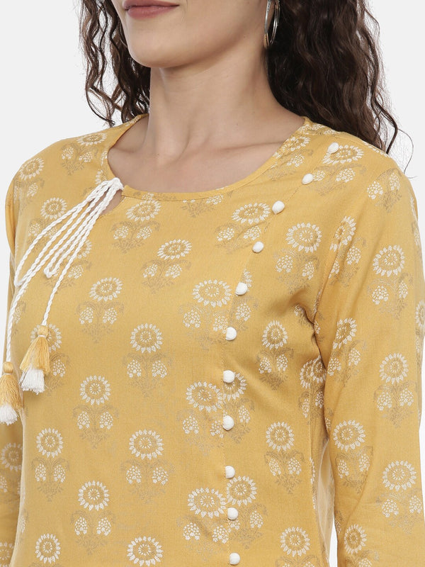 Souchii Mustard Yellow & Off-White Printed Kurta with Trousers - Distacart
