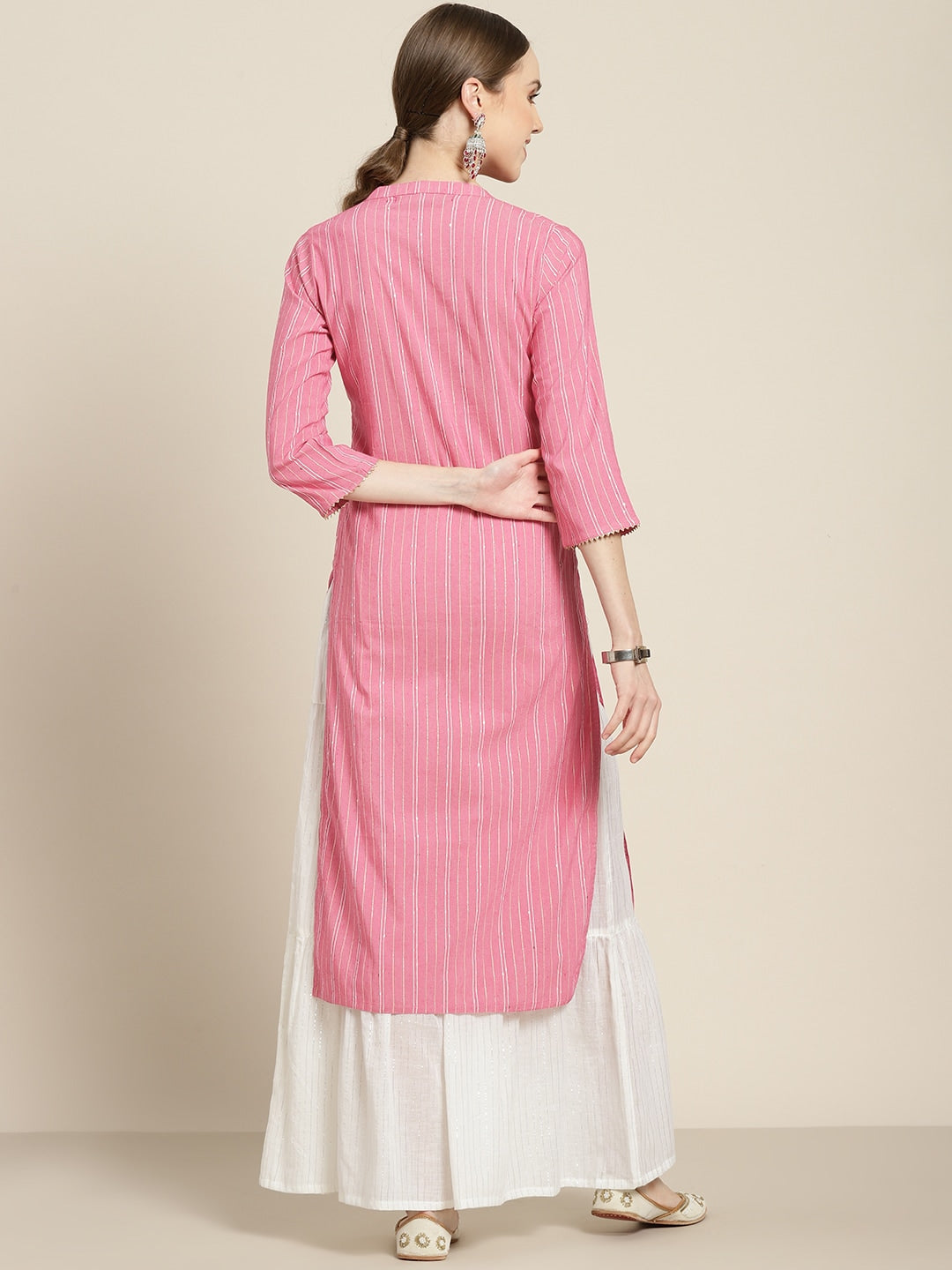 Sangria Women Pink & White Striped Sequin Detail Kurta - Distacart