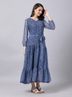 Thumbnail for Souchii Blue Ethnic Motifs Printed Chiffon Maxi Tiered Dress - Distacart