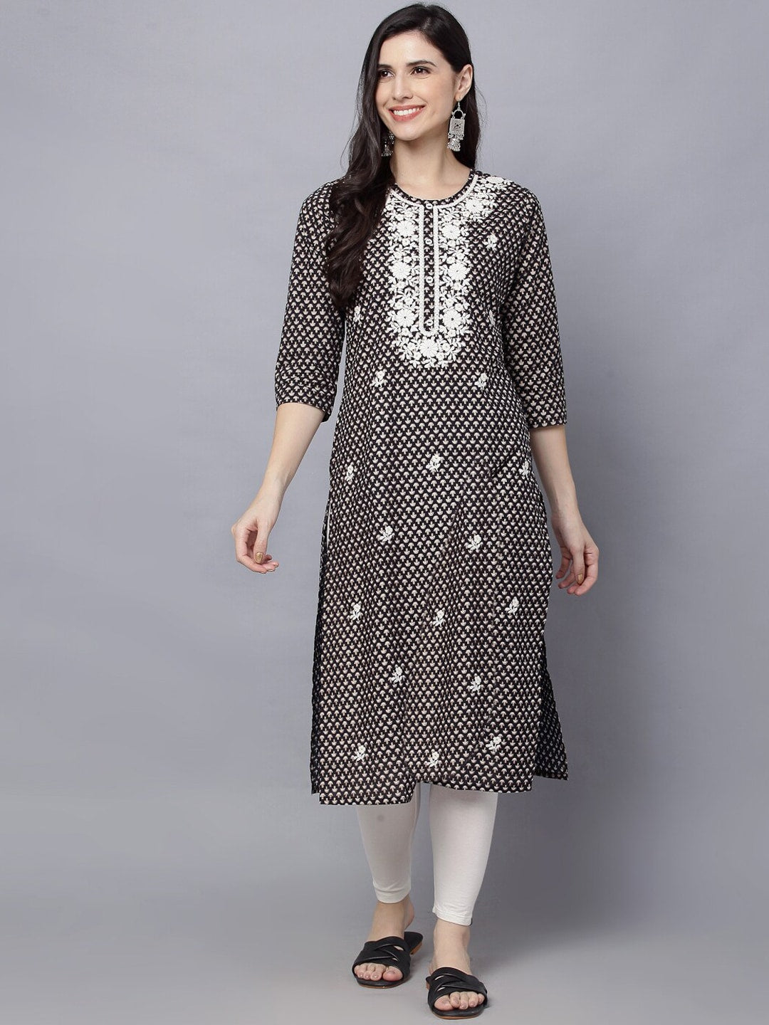 HERE&NOW Women Geometric Yoke Design Thread Work Kurta - Distacart