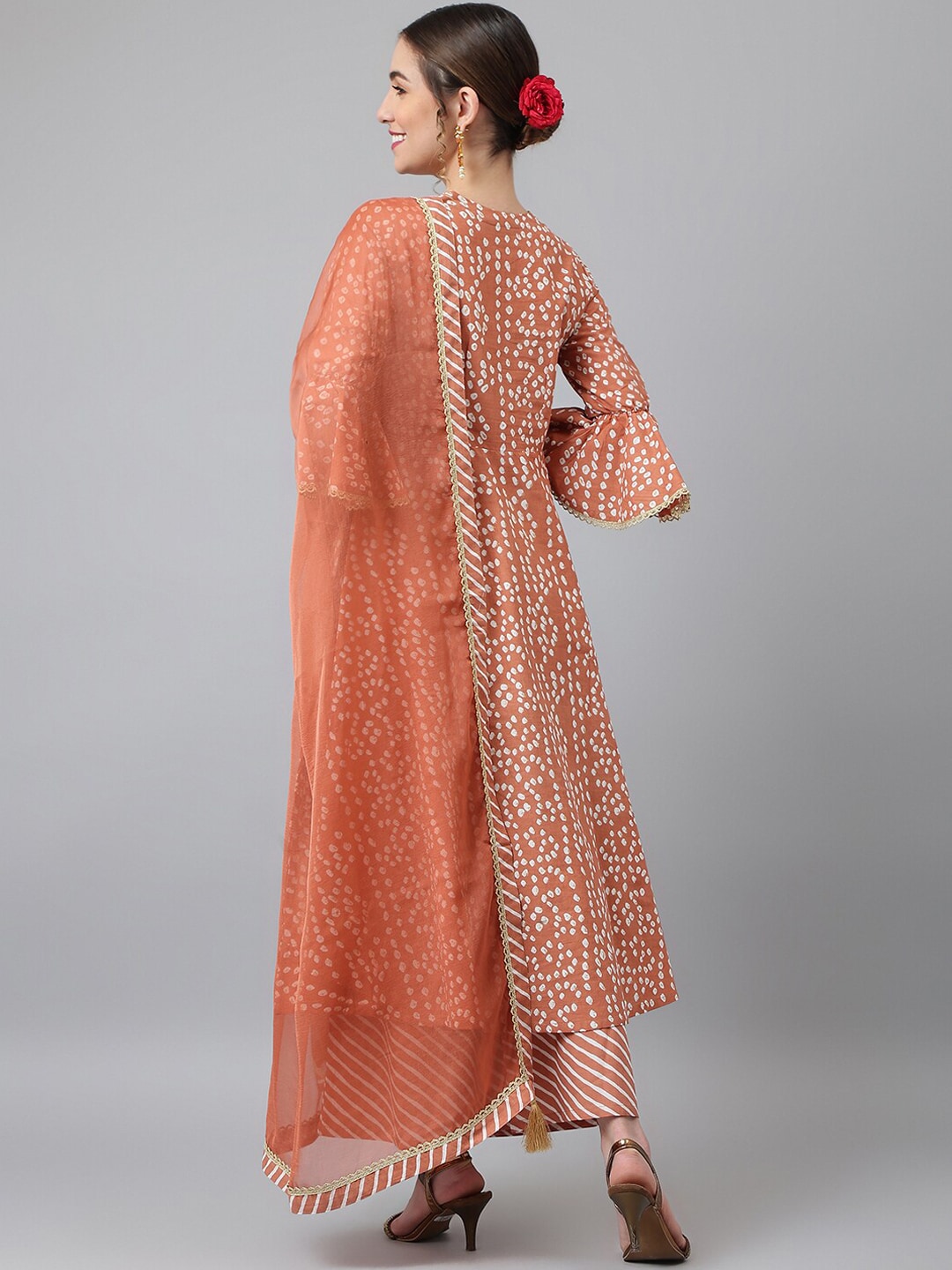 Khushal K Women Brown Ethnic Motifs Printed Panelled Pure Cotton Kurta with Palazzos & With Dupatta - Distacart