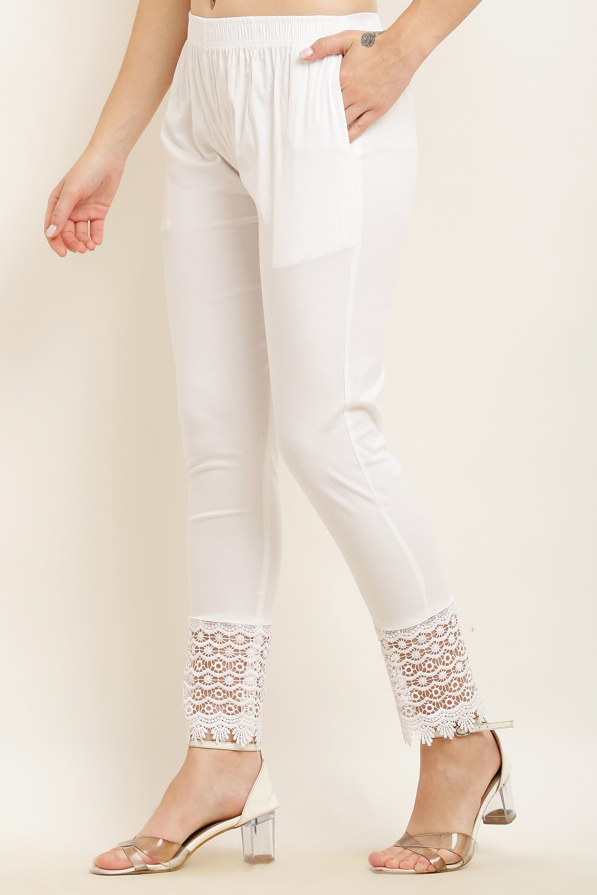 PAVONINE White Color Dot Kirosia Lace Hem Cotton Fabric Palazzo For Women - Distacart