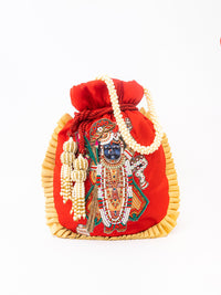 Thumbnail for NR By Nidhi Rathi Red & White SHRINATHJI Embroidered Potli Clutch - Distacart