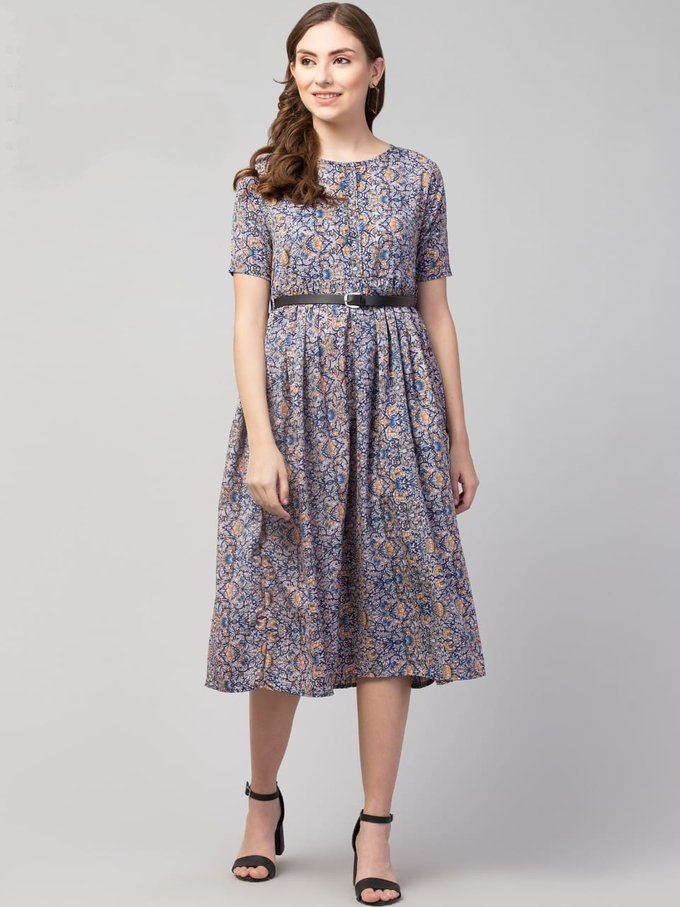 PAVONINE Grey Color Jaipuri Print Belt Dress For Women - Distacart