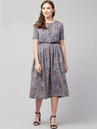 Thumbnail for PAVONINE Grey Color Jaipuri Print Belt Dress For Women - Distacart