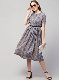 Thumbnail for PAVONINE Grey Color Jaipuri Print Belt Dress For Women - Distacart