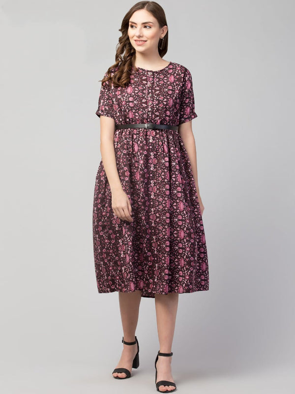 PAVONINE Wine Color Jaipuri Print Belt Dress For Women - Distacart