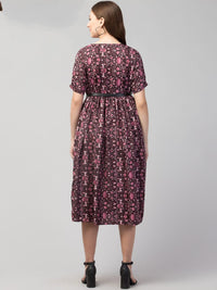 Thumbnail for PAVONINE Wine Color Jaipuri Print Belt Dress For Women - Distacart