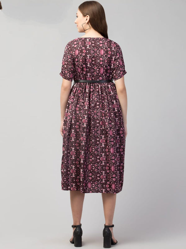 PAVONINE Wine Color Jaipuri Print Belt Dress For Women - Distacart