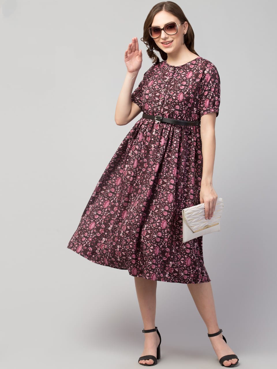 PAVONINE Wine Color Jaipuri Print Belt Dress For Women - Distacart