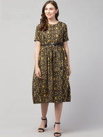 Thumbnail for PAVONINE Yellow Color Jaipuri Print Belt Dress For Women - Distacart