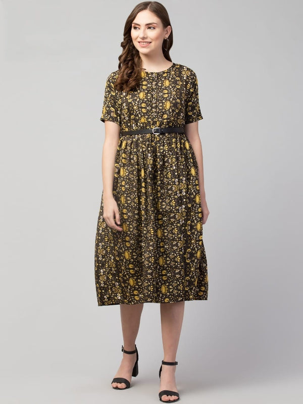 PAVONINE Yellow Color Jaipuri Print Belt Dress For Women - Distacart