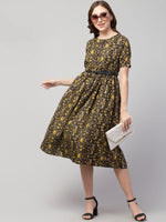 Thumbnail for PAVONINE Yellow Color Jaipuri Print Belt Dress For Women - Distacart