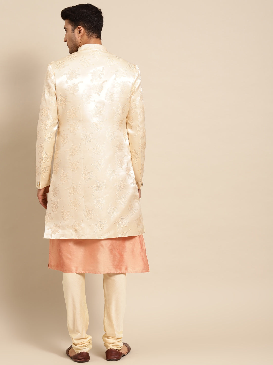 KISAH Men Beige & Orange Woven-Design Sherwani Set - Distacart