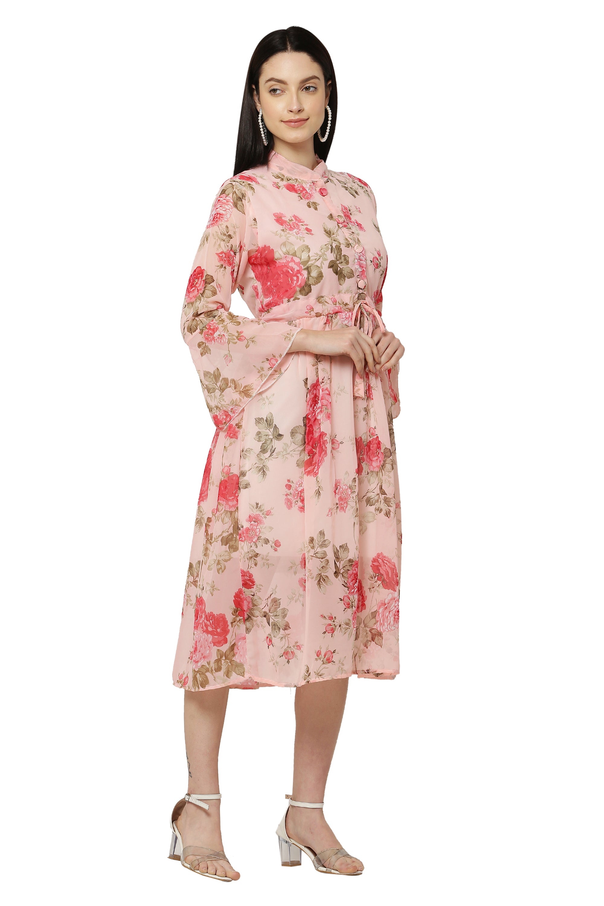 PAVONINE Peach Color Flower Printed Straight Dress For Women - Distacart