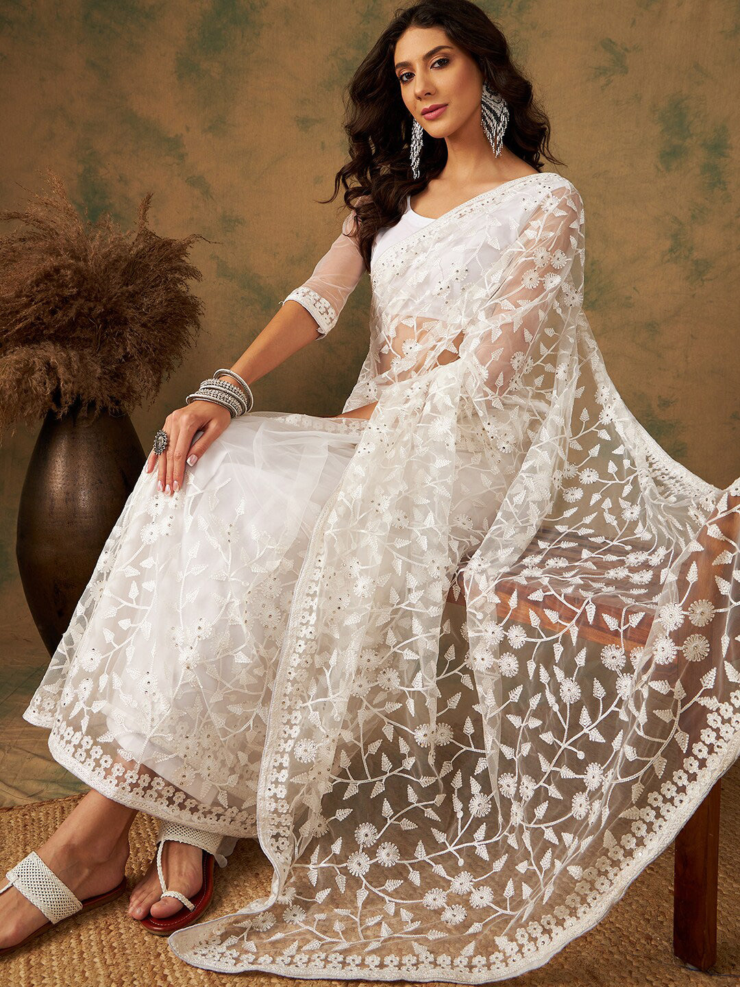 Sangria Embroidered Net Sarees - Distacart