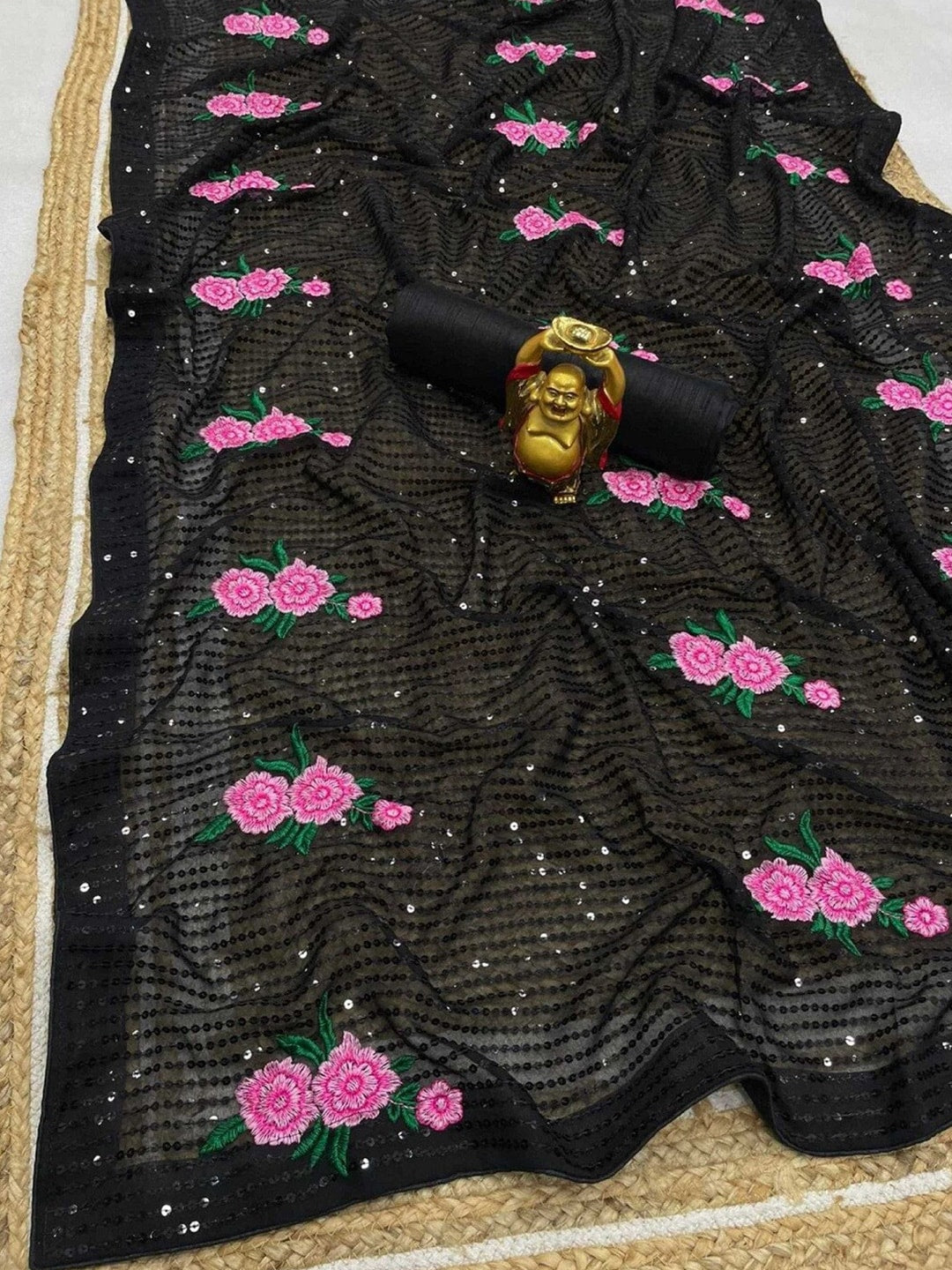 Mitera Black & Pink Floral Embroidered Sequinned Saree - Distacart