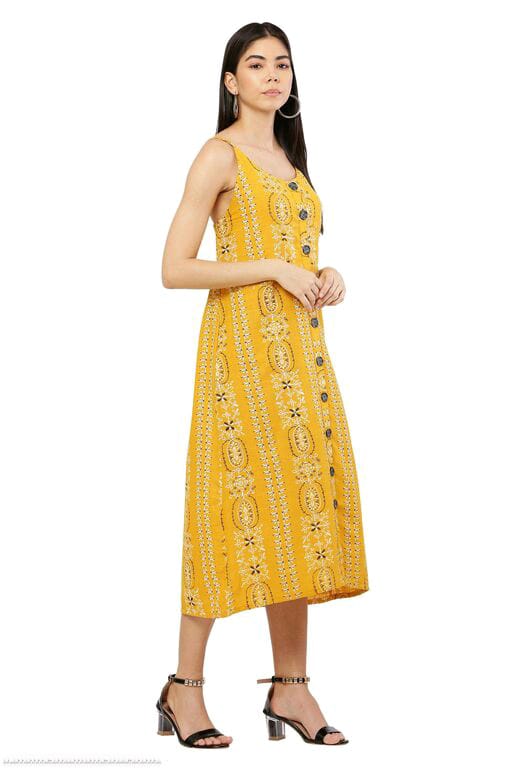 PAVONINE Mustard Color Printed Shoulder Strap Dress For Women - Distacart