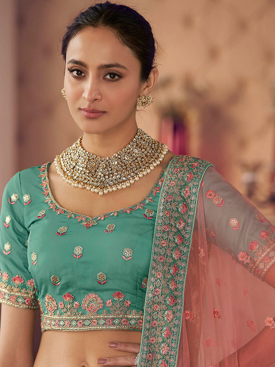 Myra Turquoise Organza Embroidered Designer Lehenga - Distacart