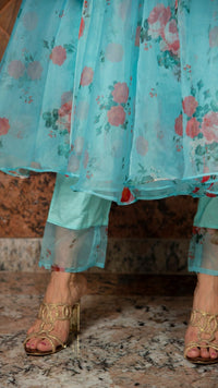 Thumbnail for Pomcha Jaipur Blue And Red Floral Organza Anarkali Set - Distacart