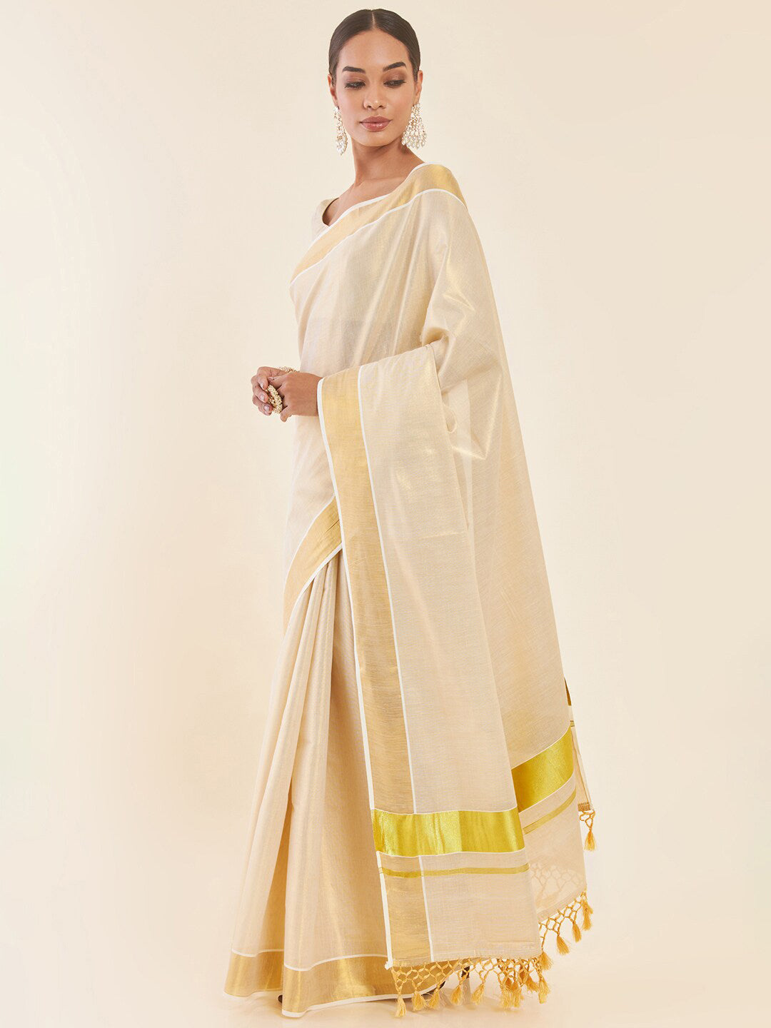 Soch Off White & Gold-Toned Zari Tissue Kasavu Saree - Distacart